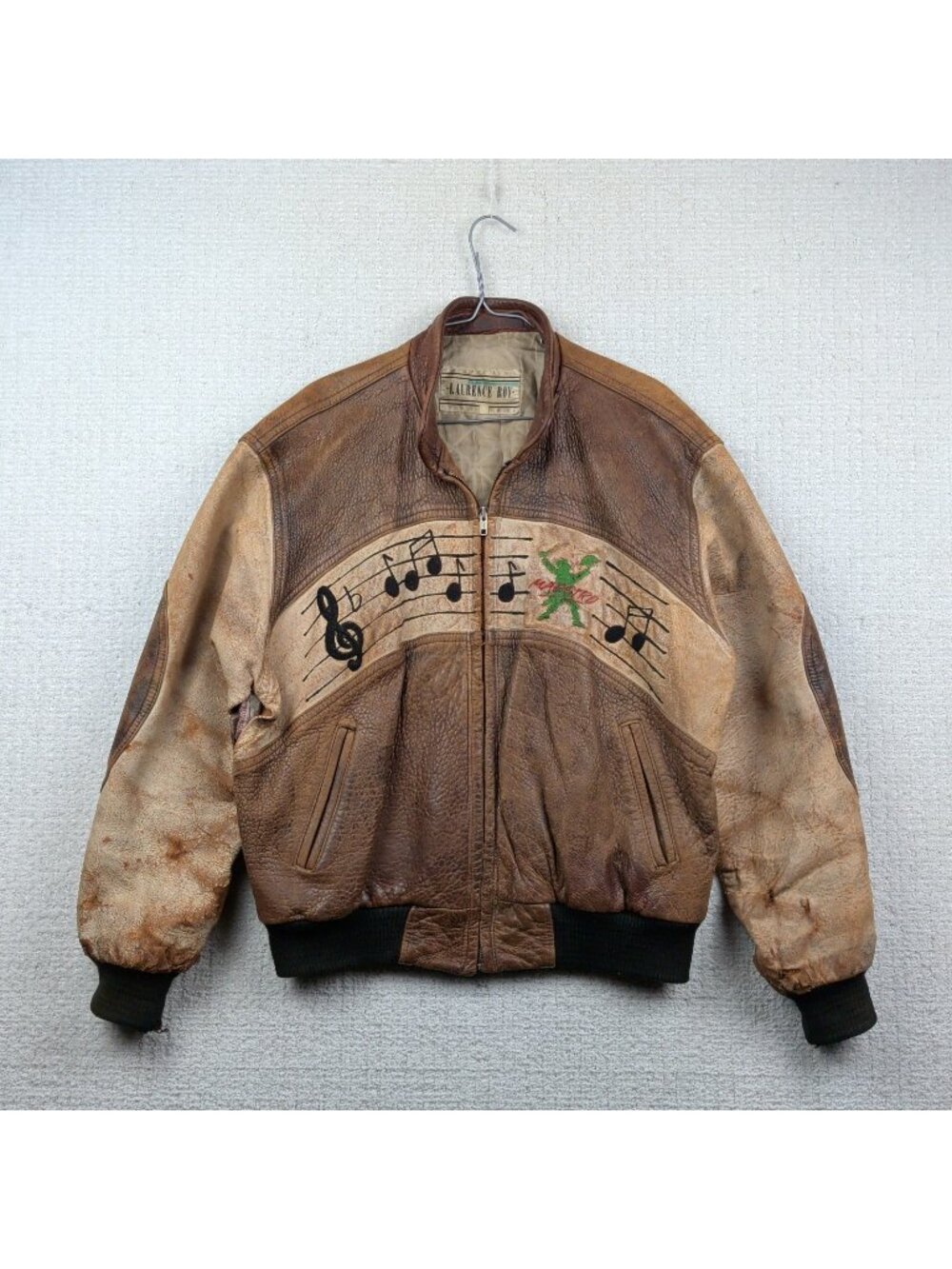 Vintage Maestro Tan Leather Bomber Jacket Distressed Men's L Music Note Read